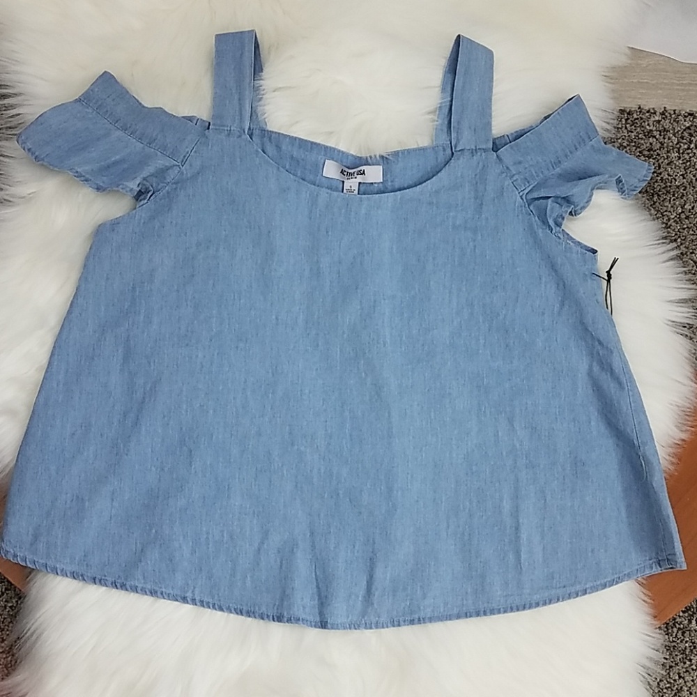 Last 1❣Chambray Cold Shoulder Ruffle Top - Picture 3 of 6